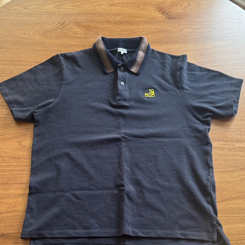 Loewe Navy Polo with Brown Trim and Yellow Logo